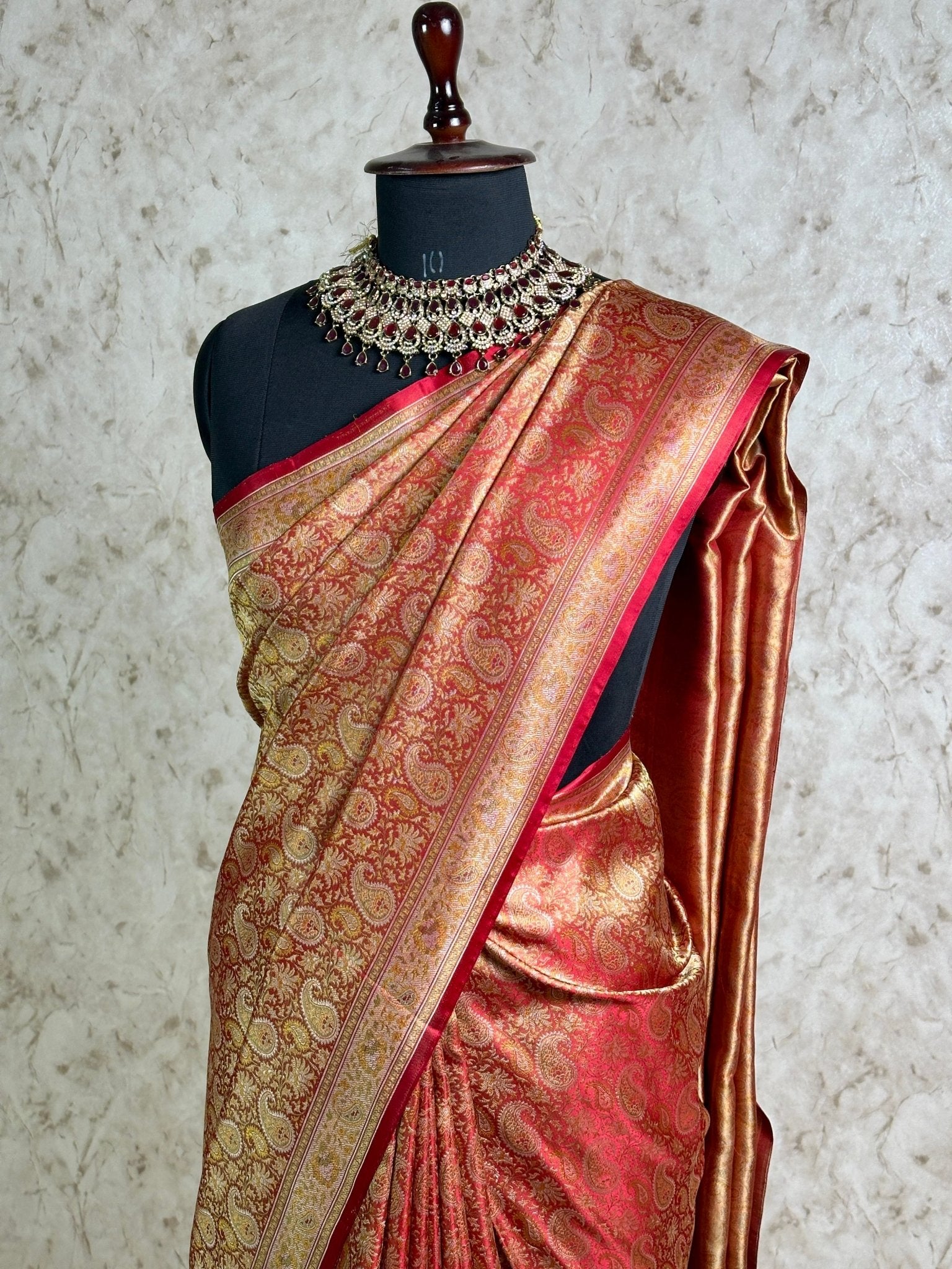Red Gold Pure Banarasi Handloom Jamawar Tanchui Kadhwa Interlocked Weaved Saree - Katan Banaras
