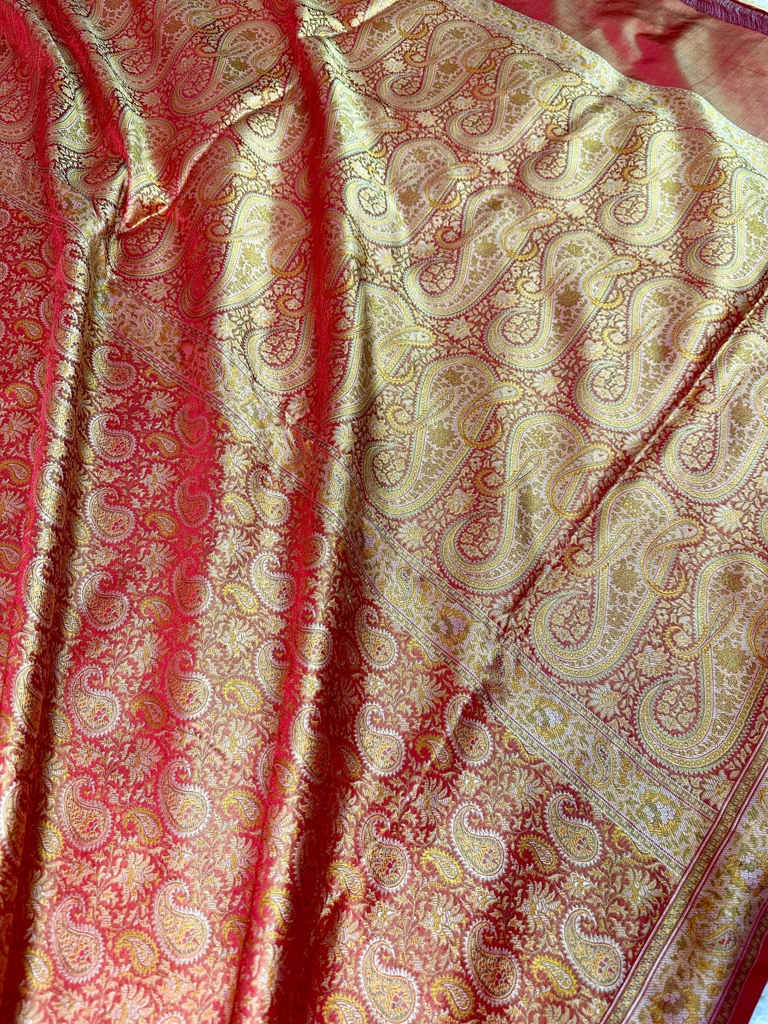 Red Gold Pure Banarasi Handloom Jamawar Tanchui Kadhwa Interlocked Weaved Saree - Katan Banaras