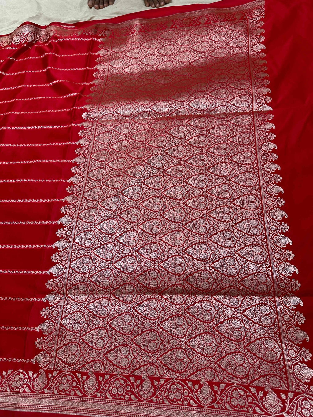Red Mashru Silk Stripe Design Zari Border Brocade Aanchal Saree - Katan Banaras
