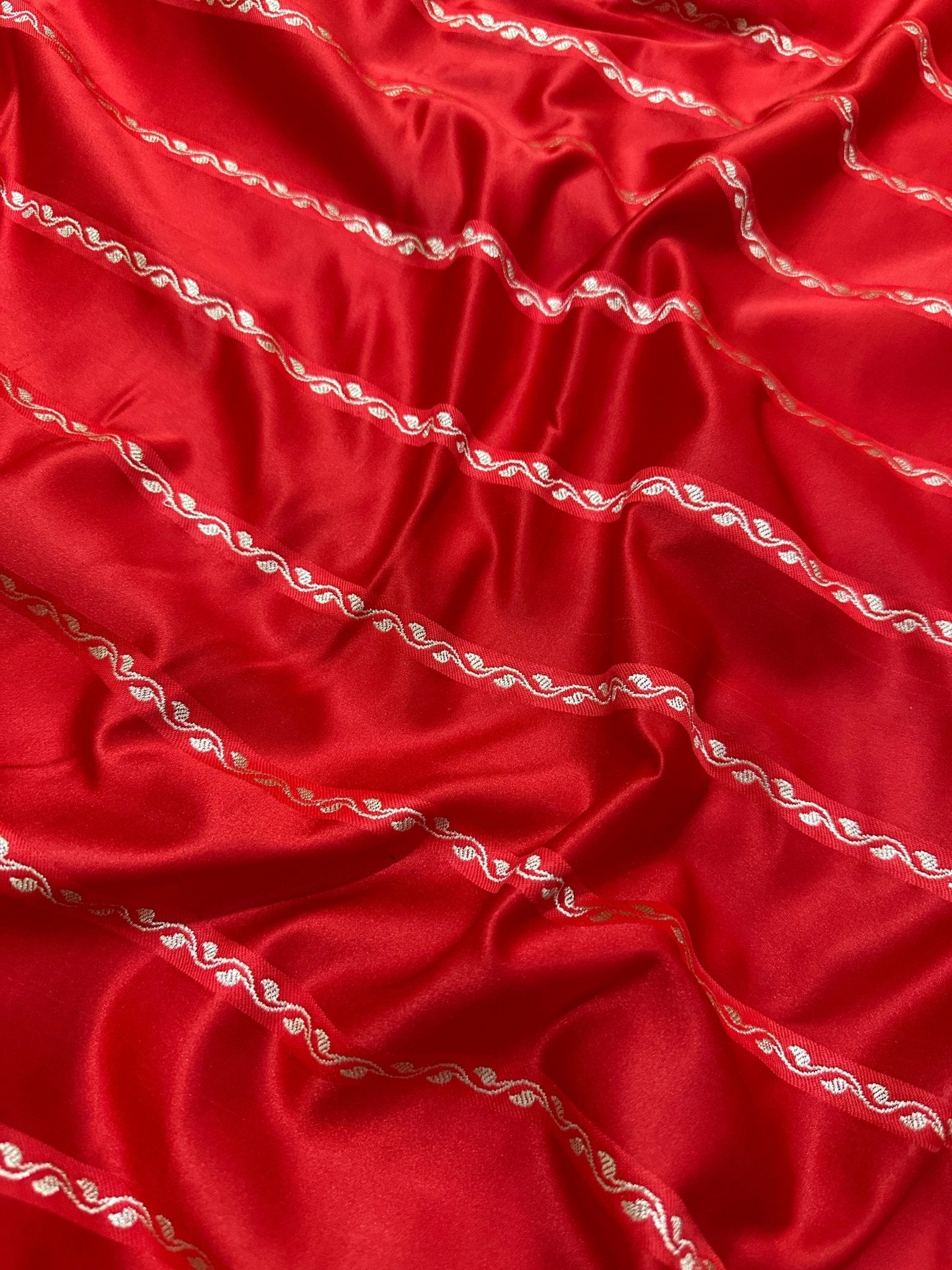 Red Mashru Silk Stripe Design Zari Border Brocade Aanchal Saree - Katan Banaras