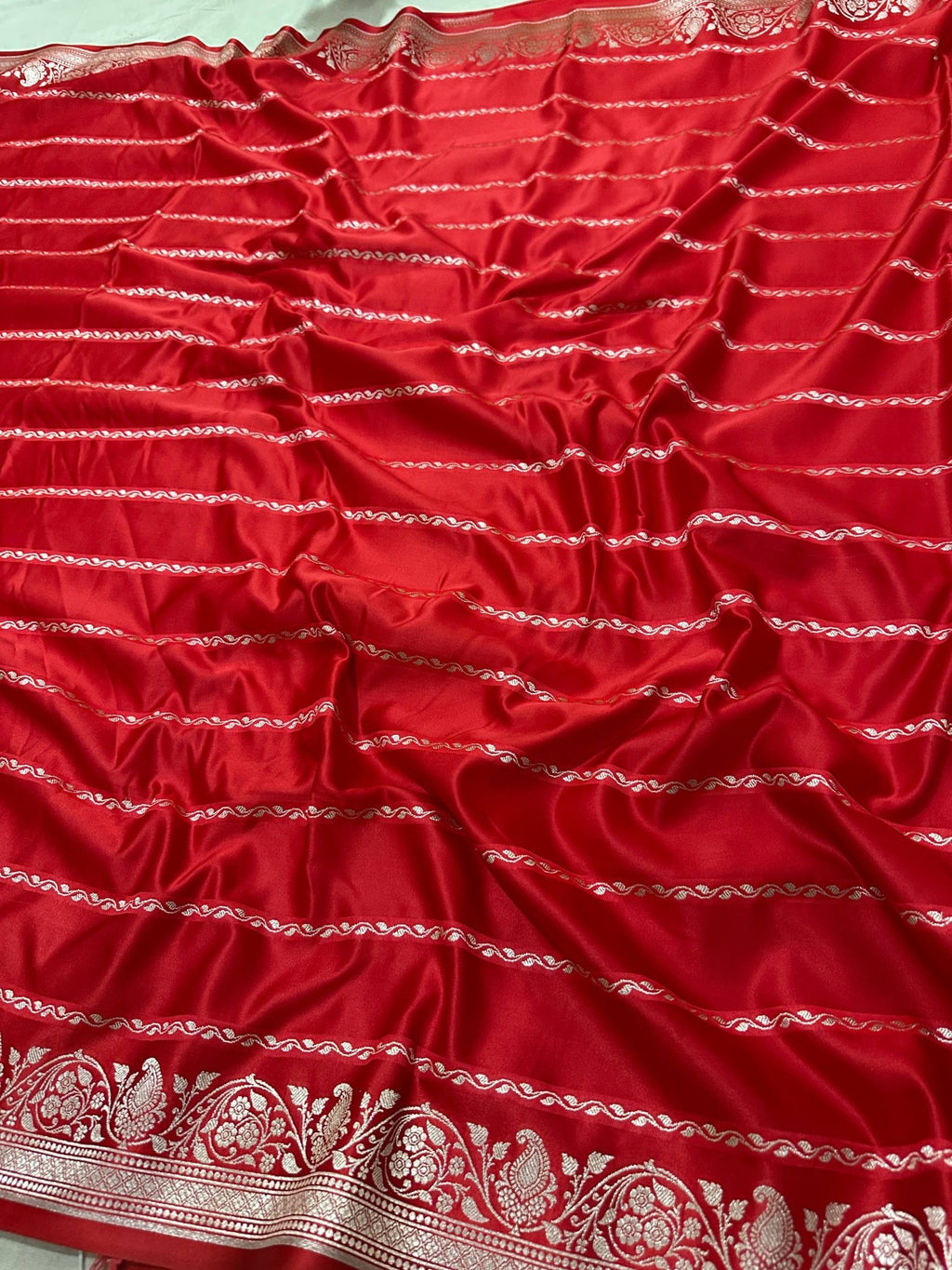 Red Mashru Silk Stripe Design Zari Border Brocade Aanchal Saree - Katan Banaras