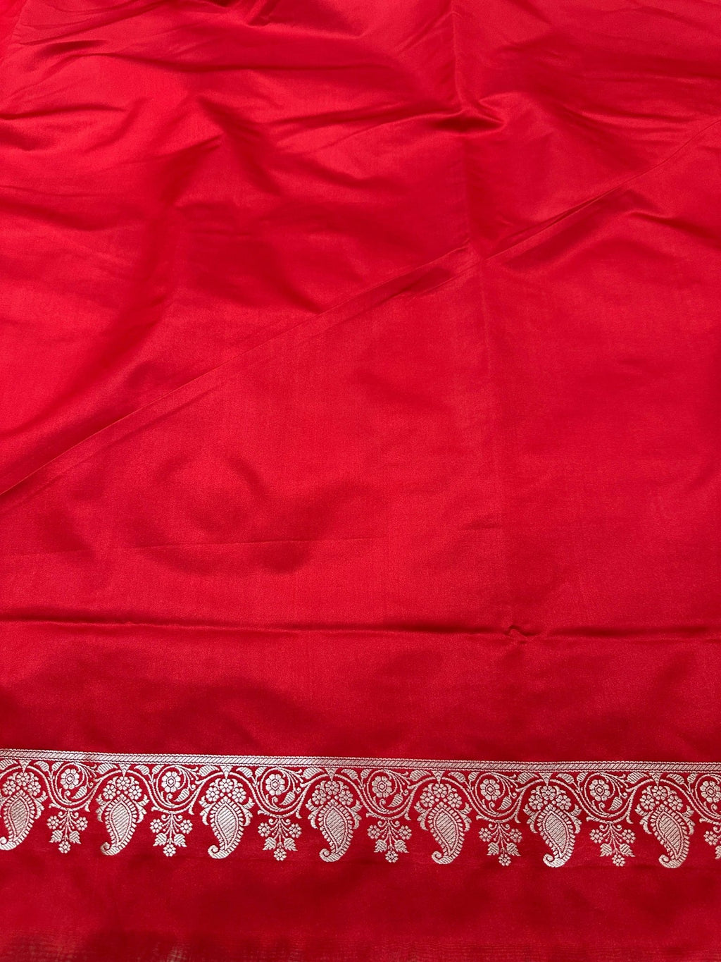 Red Mashru Silk Stripe Design Zari Border Brocade Aanchal Saree - Katan Banaras