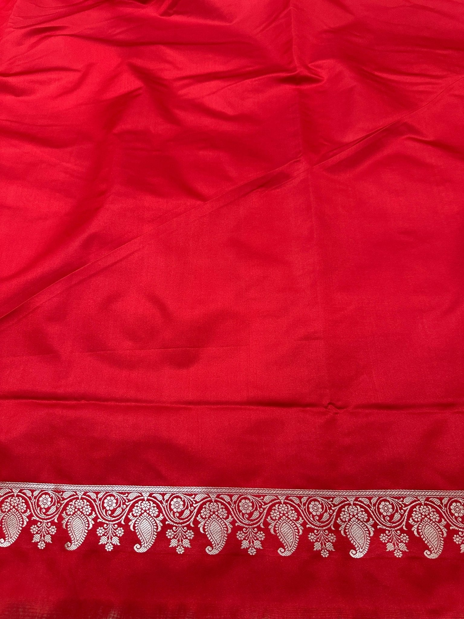 Red Mashru Silk Stripe Design Zari Border Brocade Aanchal Saree - Katan Banaras