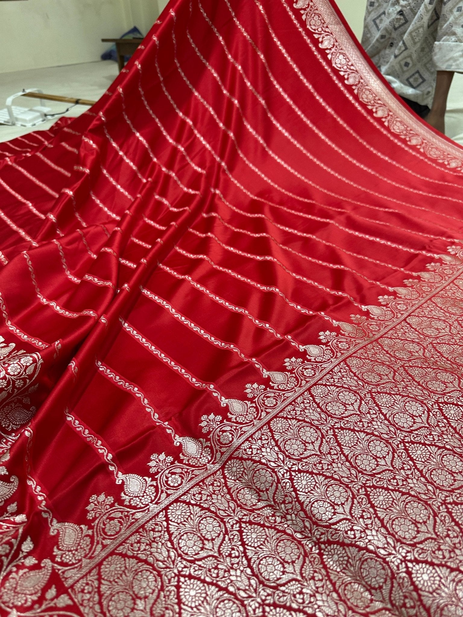 Red Mashru Silk Stripe Design Zari Border Brocade Aanchal Saree - Katan Banaras