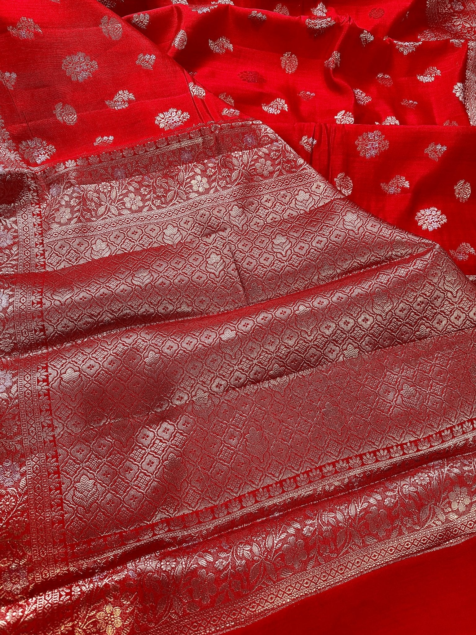 Red Pure Chiniya Katan Silk Banarasi Saree with Floral Buti and Gold Zari Border - Katan Banaras