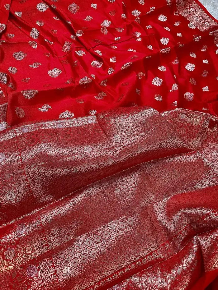 Red Pure Chiniya Katan Silk Banarasi Saree with Floral Buti and Gold Zari Border - draped look of Pure Chiniya Katan Silk Banarasi Saree