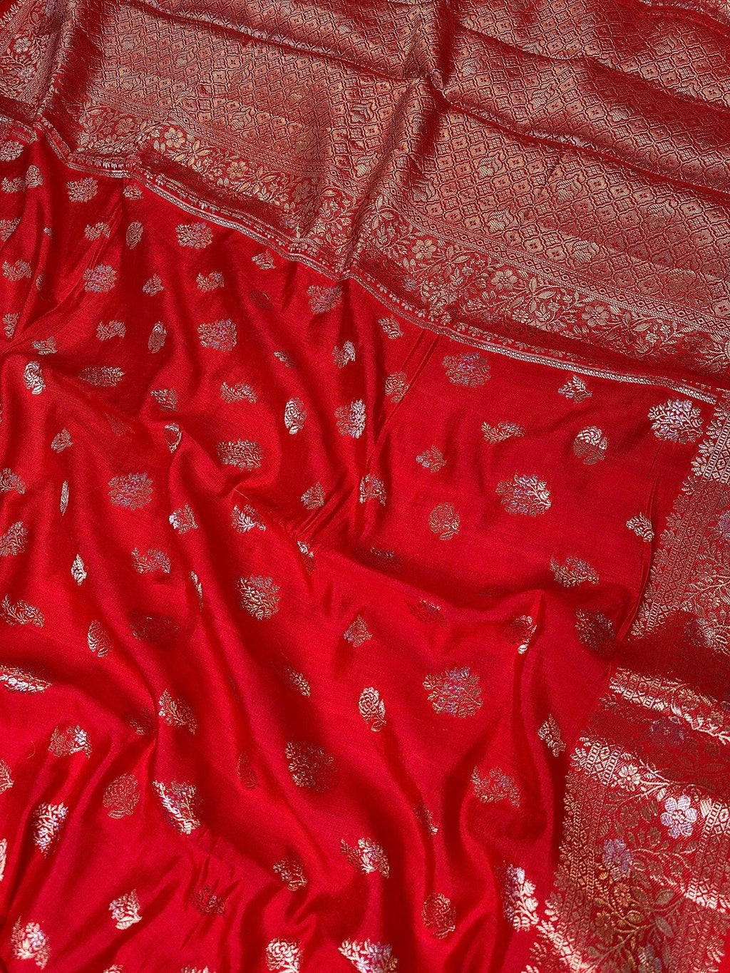 Red Pure Chiniya Katan Silk Banarasi Saree with Floral Buti and Gold Zari Border - front view of Pure Chiniya Katan Silk Banarasi Saree