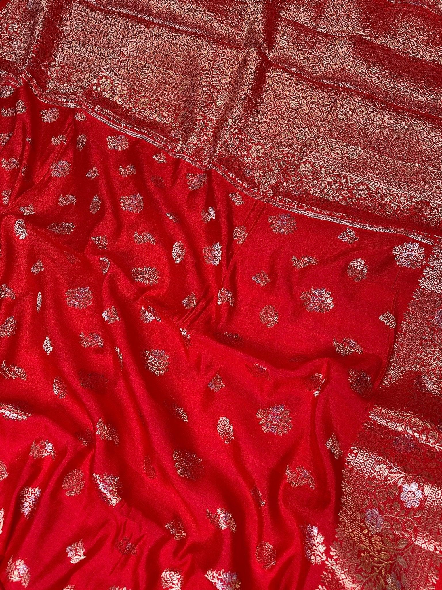 Red Pure Chiniya Katan Silk Banarasi Saree with Floral Buti and Gold Zari Border - front view of Pure Chiniya Katan Silk Banarasi Saree