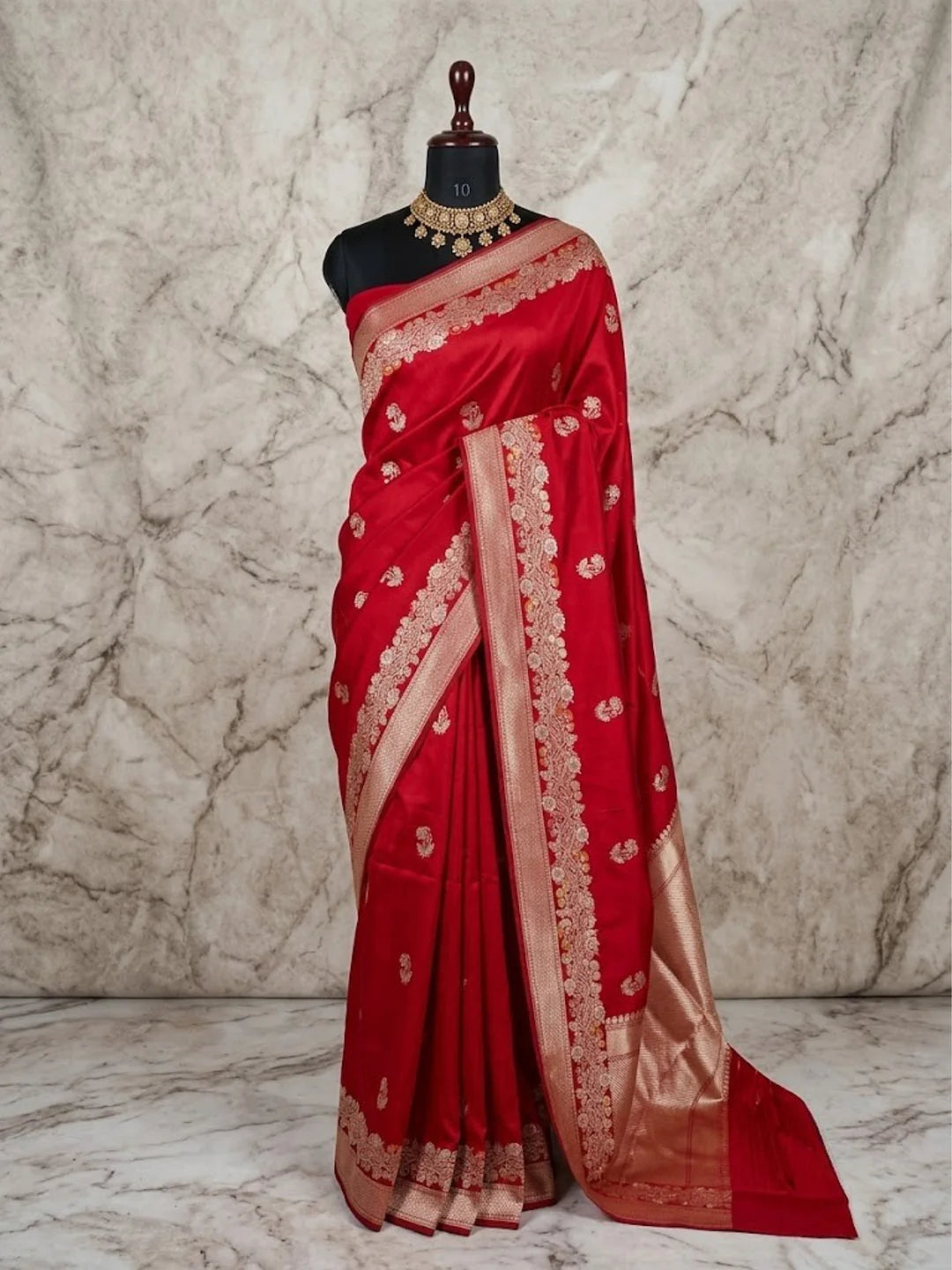 Pure Katan Silk Kadhwa Buta Banarasi Saree – Deep Red | Sona Rupa Zari & Tilfi Minakari