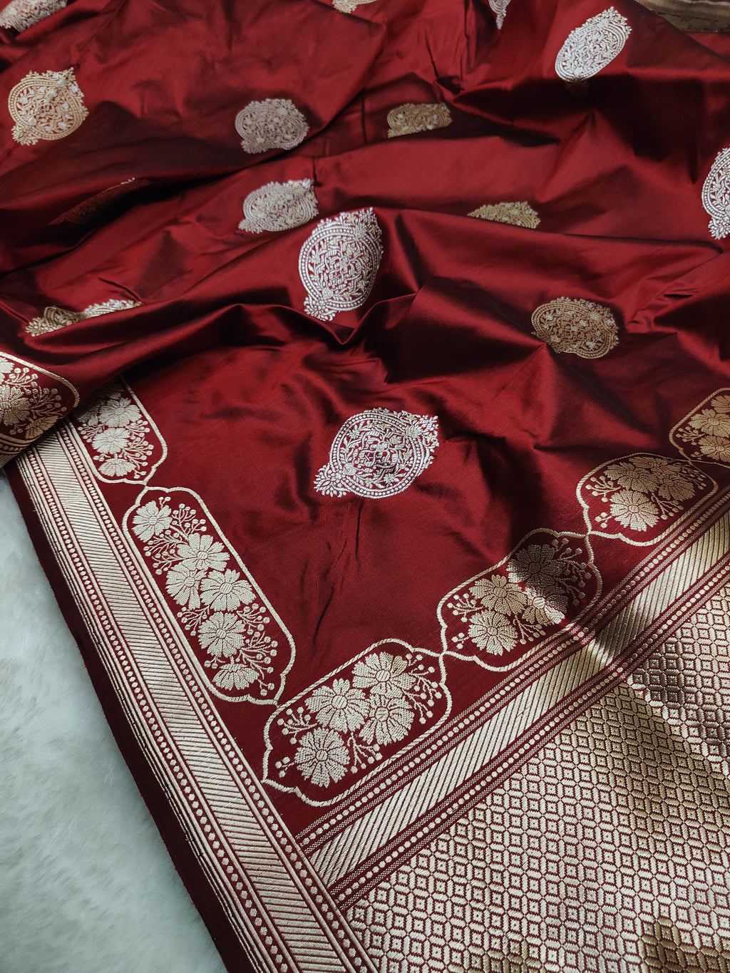 Handloom Banarasi Kadhwa Buta Saree | Pure Katan Silk | Sona Rupa Zari | Maroon