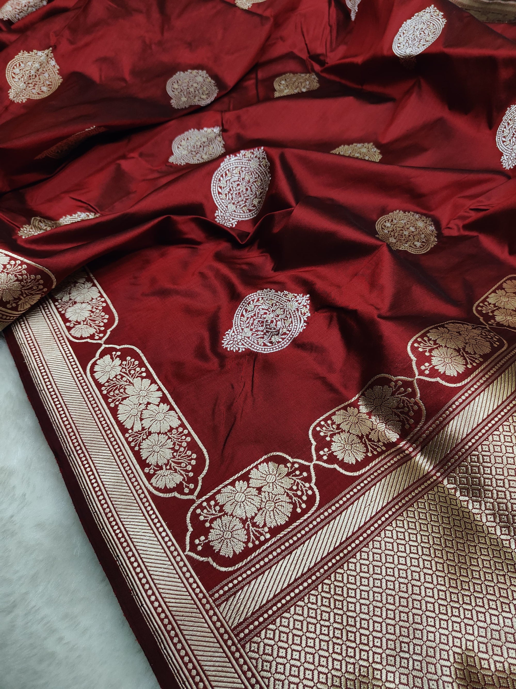 Handloom Banarasi Kadhwa Buta Saree | Pure Katan Silk | Sona Rupa Zari | Maroon