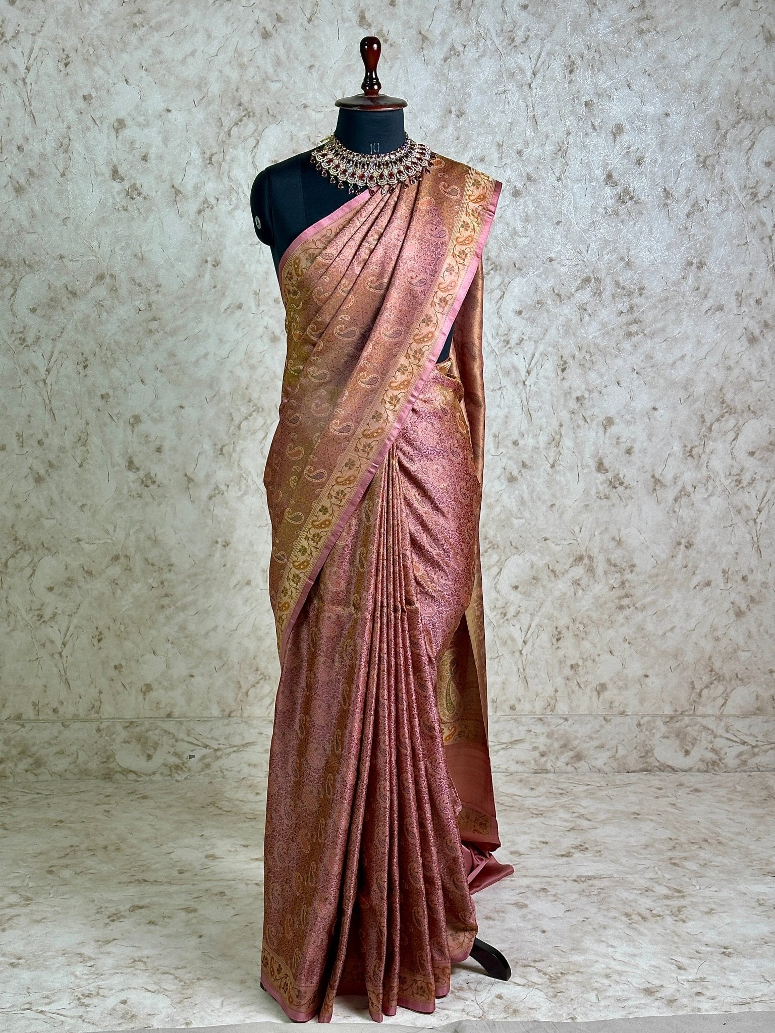 Rose Pink Pure Banarasi Handloom Jamawar Tanchui Kadhwa Interlocked Weaved Saree - Katan Banaras