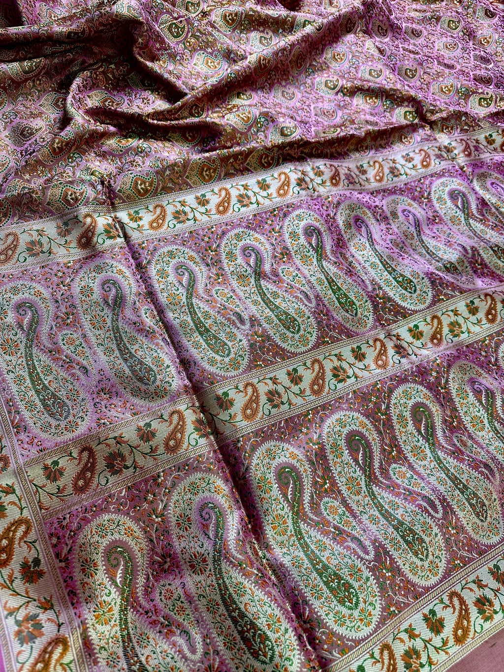 Rose Pink Pure Banarasi Handloom Jamawar Tanchui Kadhwa Interlocked Weaved Saree - Katan Banaras