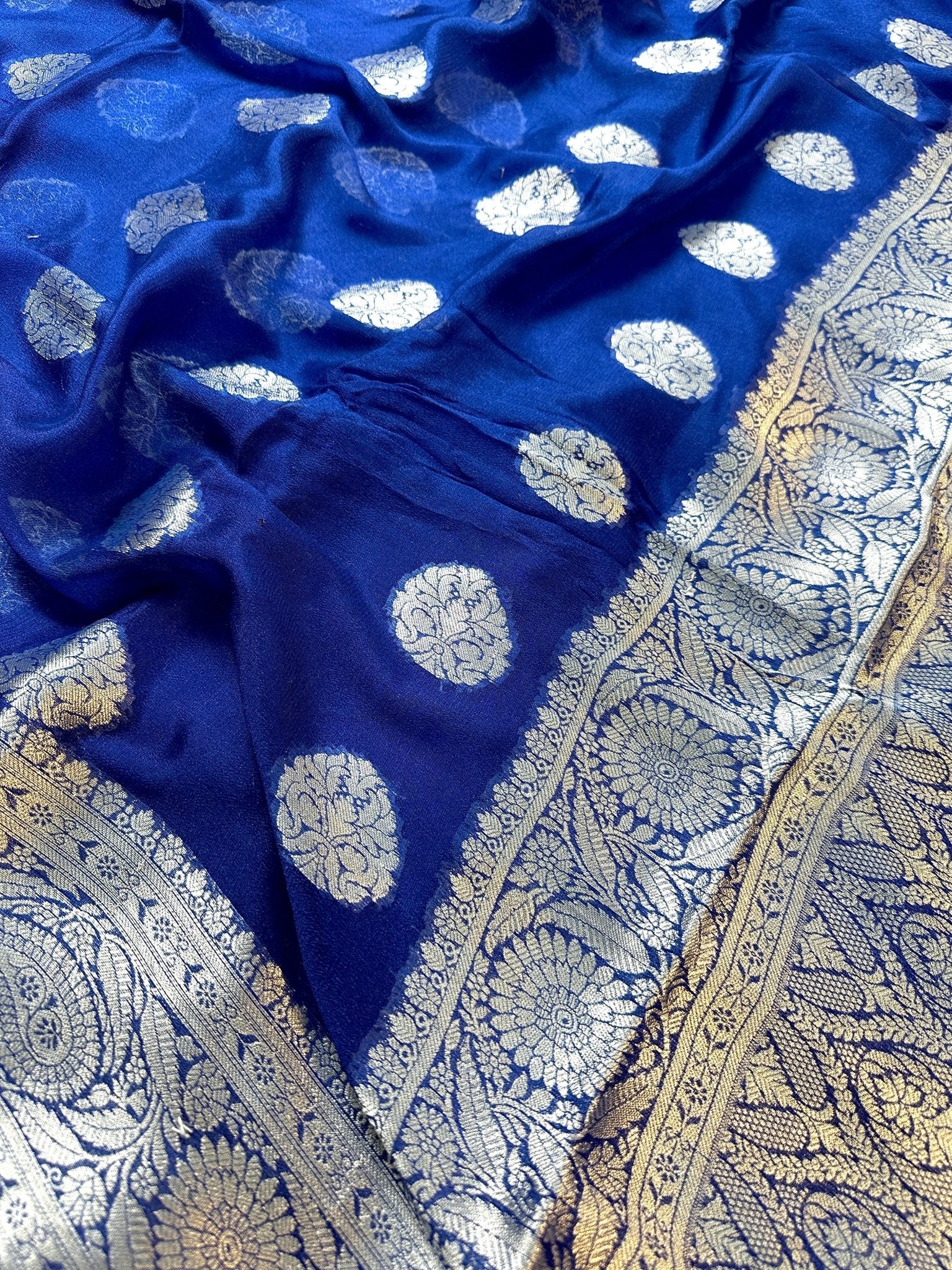 Royal Blue Pure Chiffon Silk Banarasi Saree with Golden Zari Buti and Floral Border - Katan Banaras