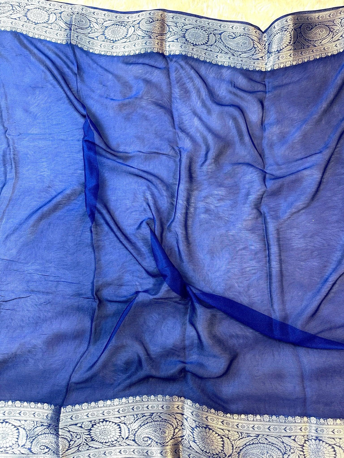 Royal Blue Pure Chiffon Silk Banarasi Saree with Golden Zari Buti and Floral Border - Katan Banaras