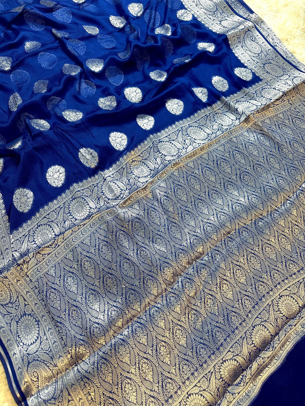 Royal Blue Pure Chiffon Silk Banarasi Saree with Golden Zari Buti and Floral Border - Katan Banaras