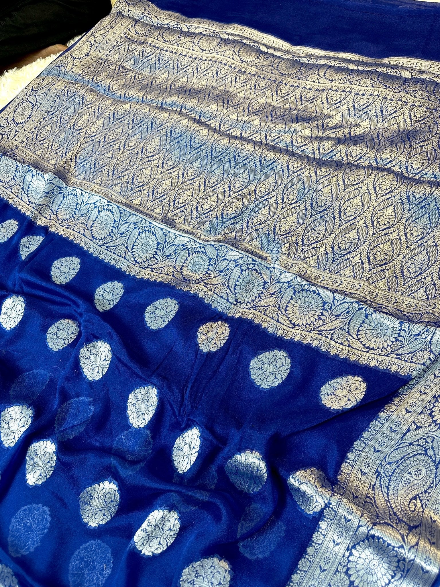Royal Blue Pure Chiffon Silk Banarasi Saree with Golden Zari Buti and Floral Border - Katan Banaras