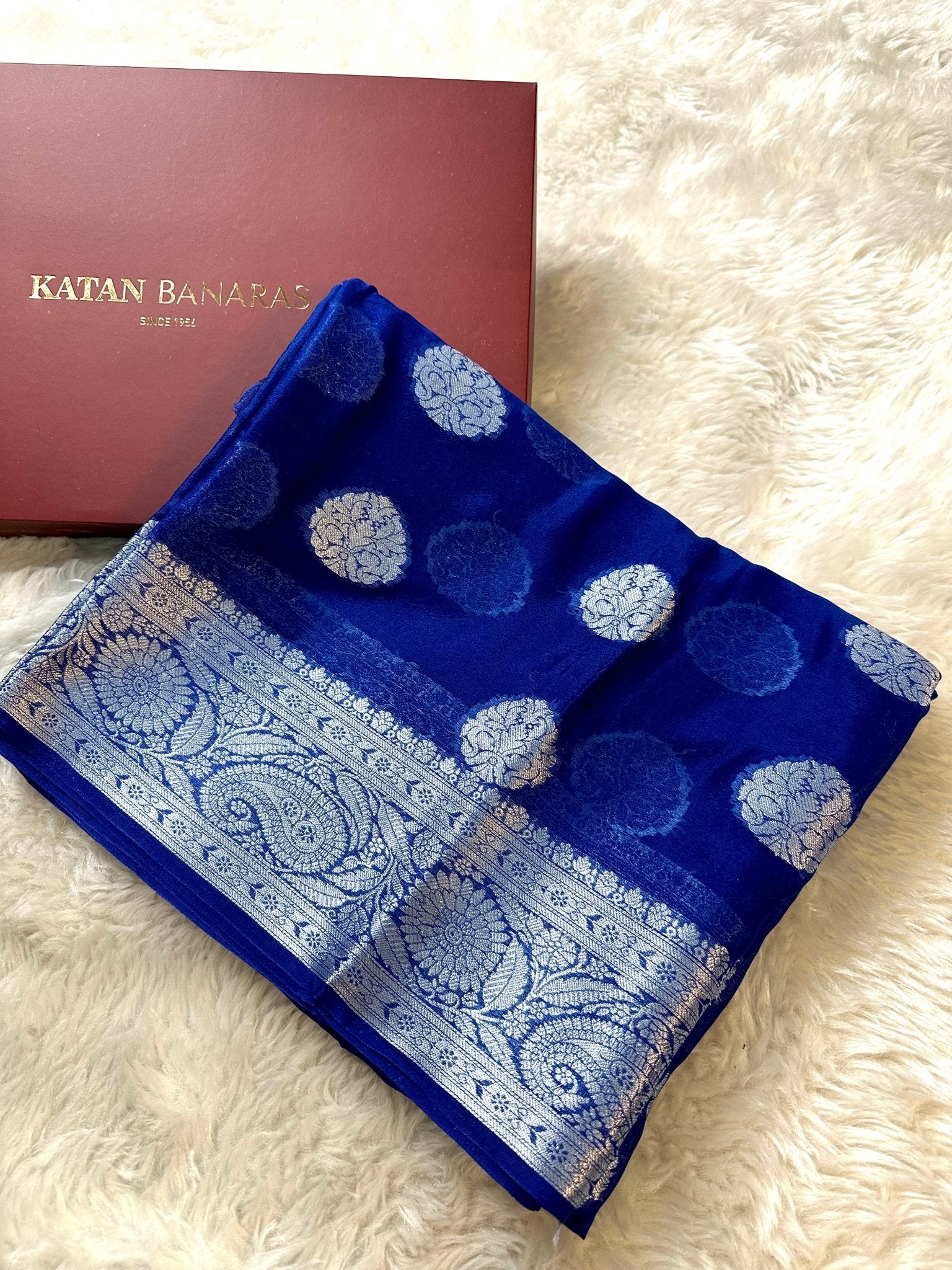Royal Blue Pure Chiffon Silk Banarasi Saree with Golden Zari Buti and Floral Border - Katan Banaras