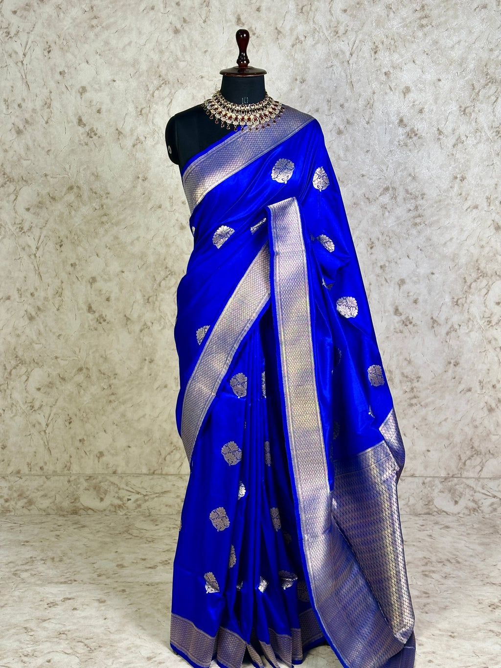 Royal Blue Pure Katan Silk Banarasi Kadhwa Buta Handloom Ektara Weaved Saree with Tested Zari - Katan Banaras