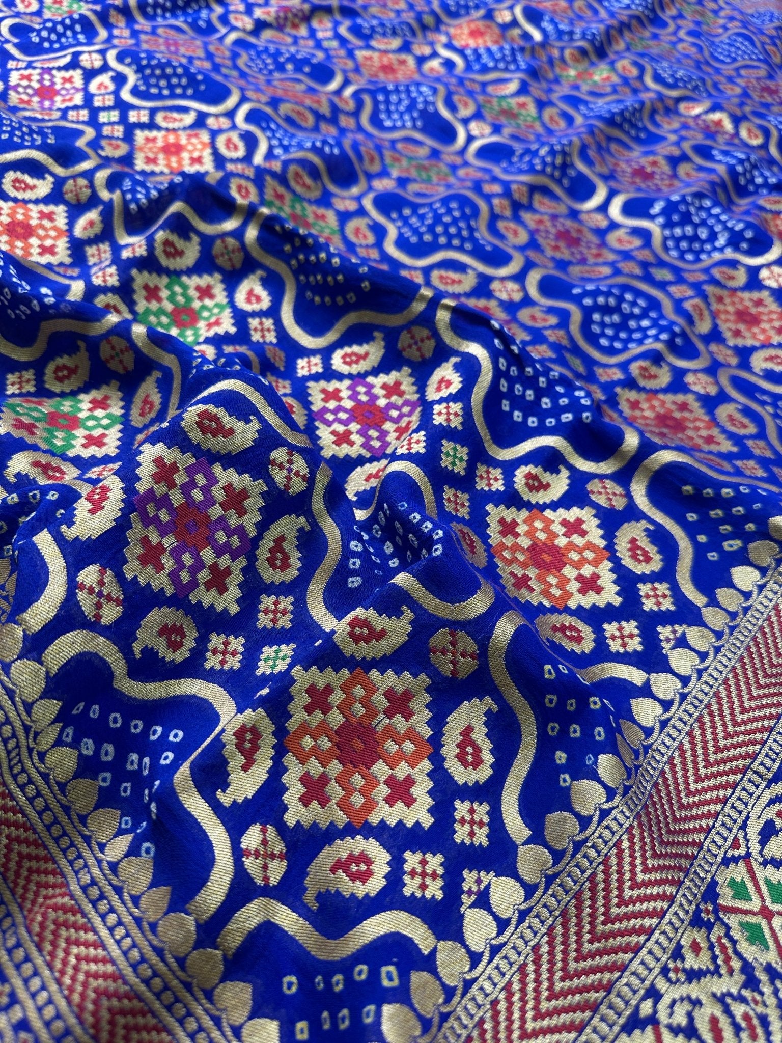 Royal Blue Pure Khaddi Georgette Bandhani Saree with Tilfi Minakari & Banarasi Craftmenship - Katan Banaras