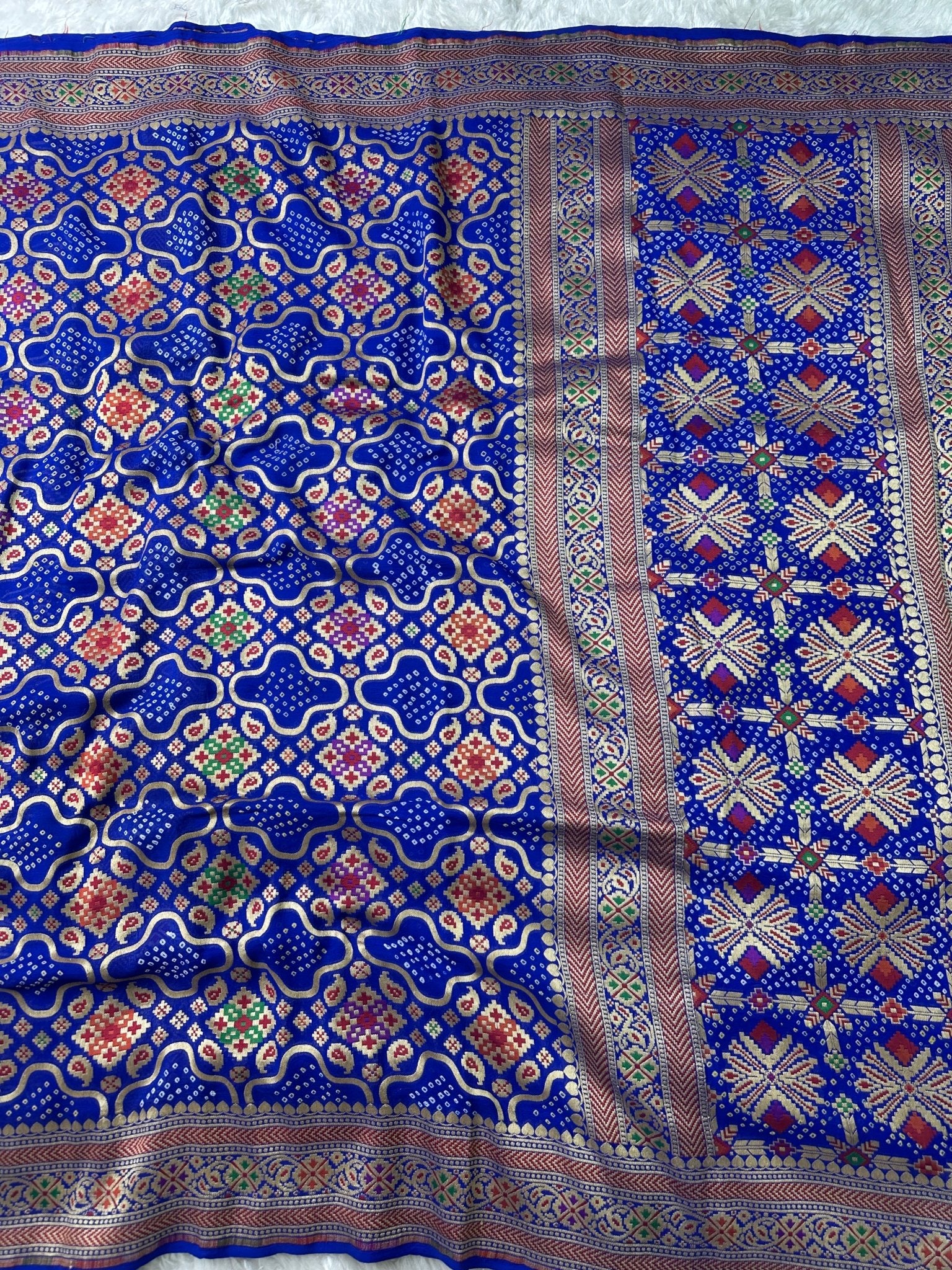 Royal Blue Pure Khaddi Georgette Bandhani Saree with Tilfi Minakari & Banarasi Craftmenship - Katan Banaras