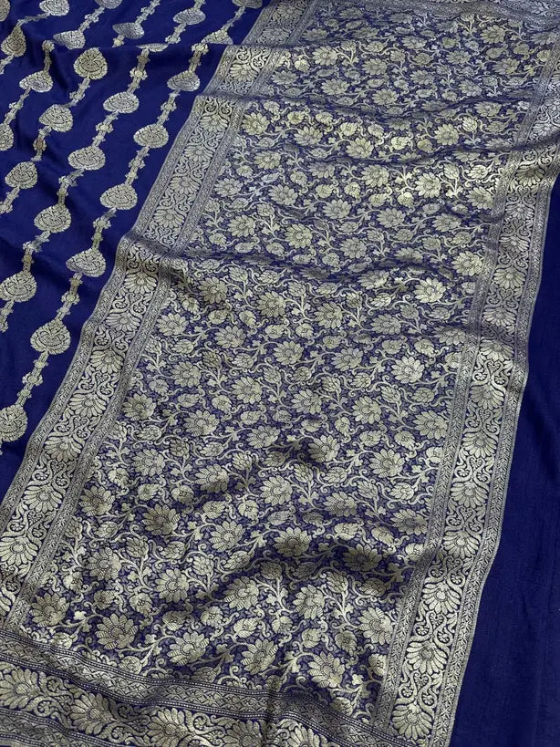 Royal Blue Pure Moonga Silk Banarasi Saree with Uppada Weave and Pure Gold Zari - back view | Pure Moonga Silk Banarasi Saree