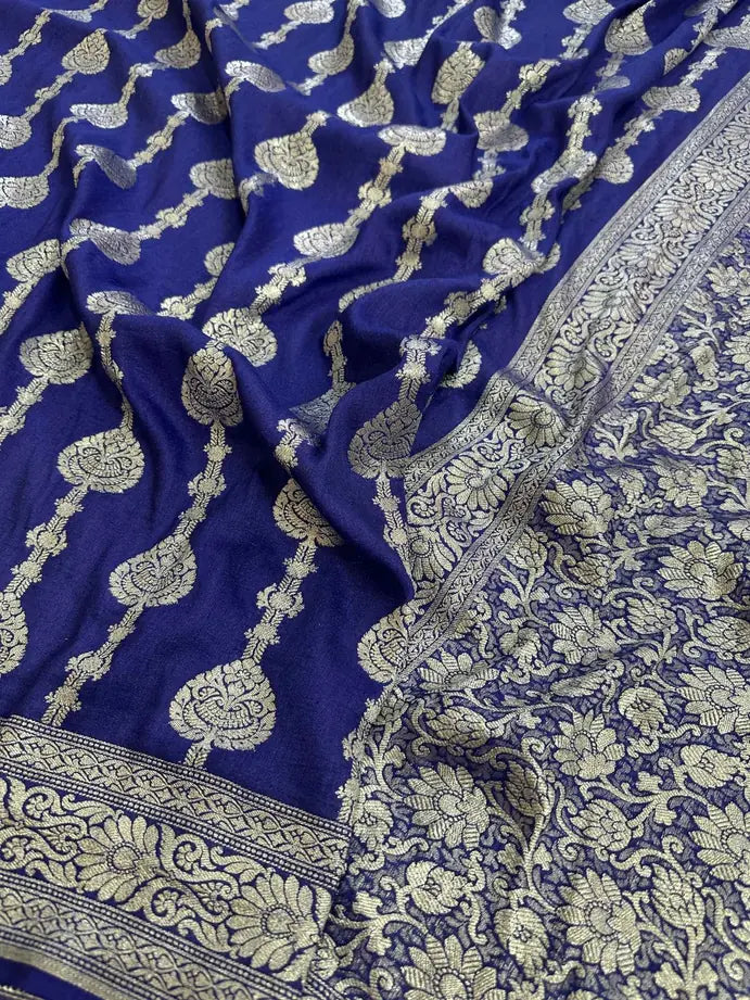 Royal Blue Pure Moonga Silk Banarasi Saree with Uppada Weave and Pure Gold Zari - drape side view | Pure Moonga Silk Banarasi Saree