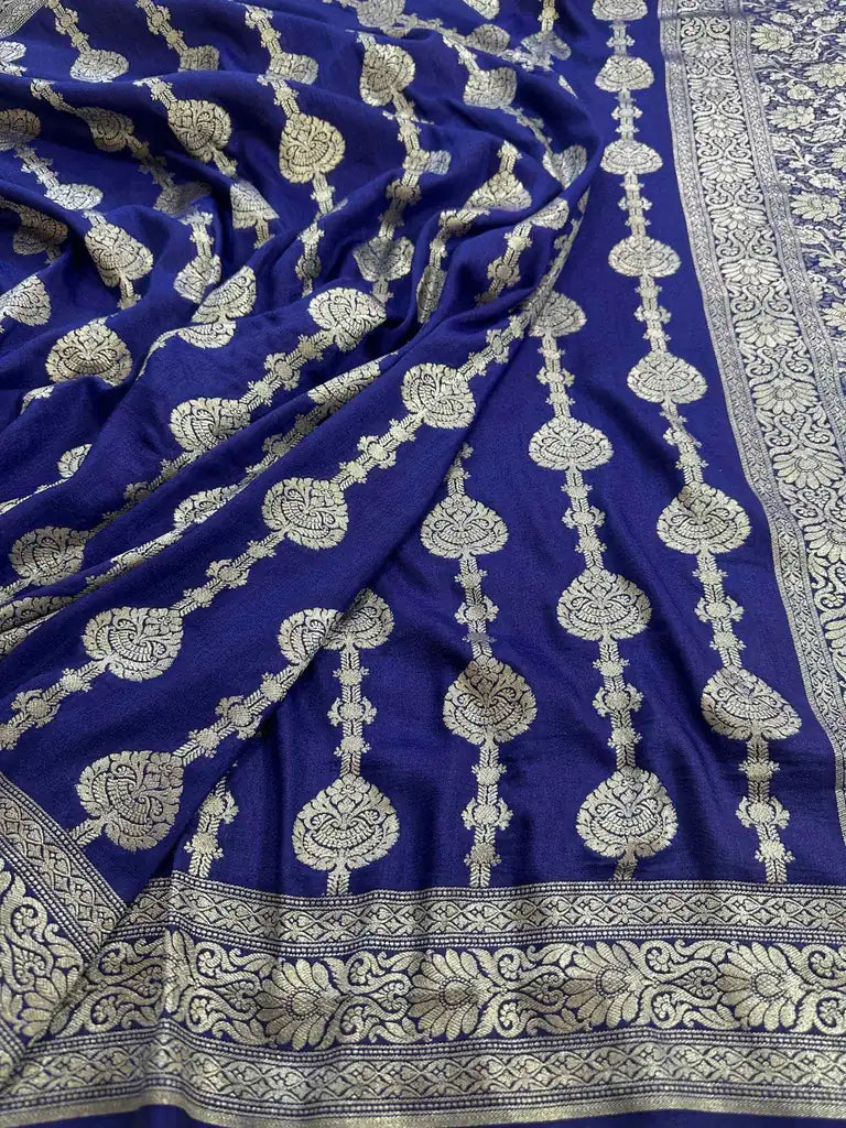 Royal Blue Pure Moonga Silk Banarasi Saree with Uppada Weave and Pure Gold Zari - front view | Pure Moonga Silk Banarasi Saree