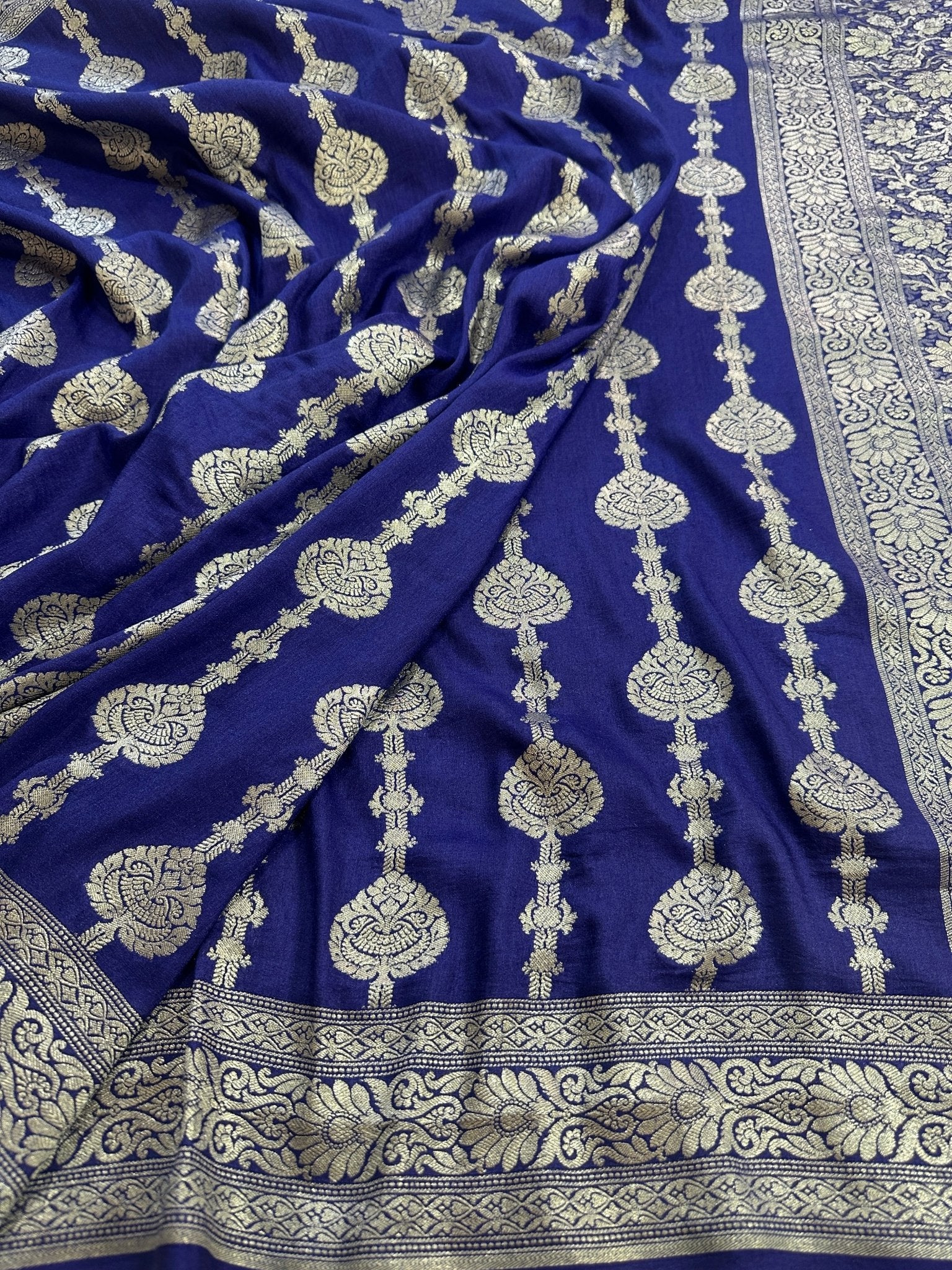 Royal Blue Pure Moonga Silk Banarasi Saree with Uppada Weave and Pure Gold Zari - Katan Banaras