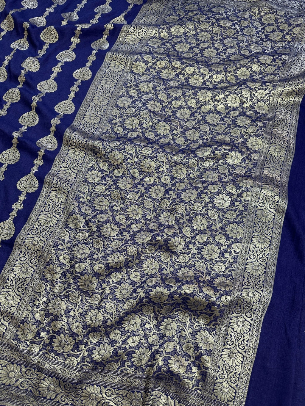 Royal Blue Pure Moonga Silk Banarasi Saree with Uppada Weave and Pure Gold Zari - Katan Banaras