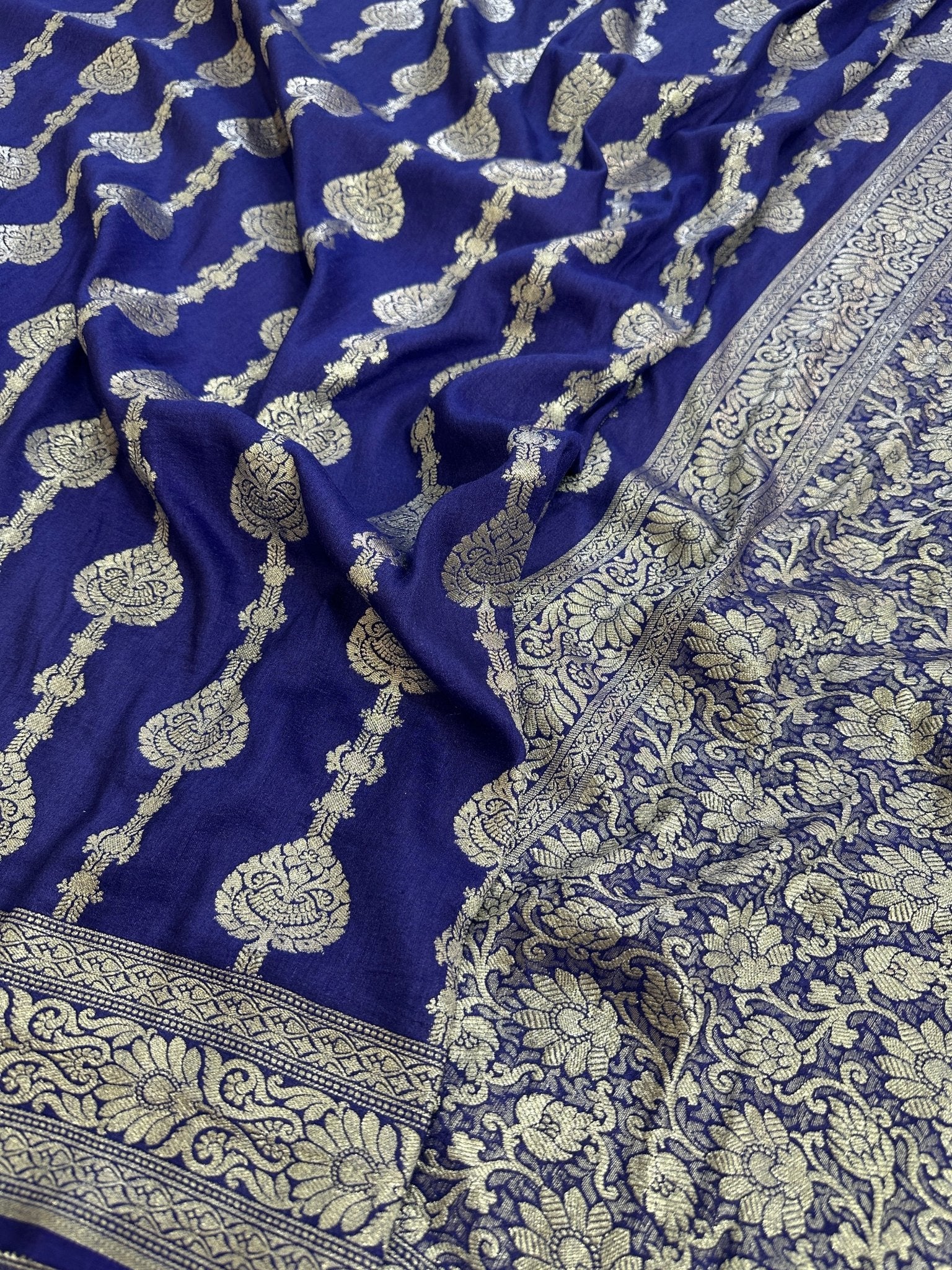 Royal Blue Pure Moonga Silk Banarasi Saree with Uppada Weave and Pure Gold Zari - Katan Banaras