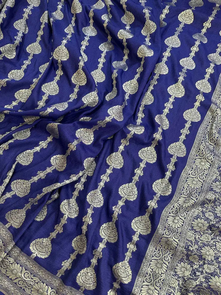 Royal Blue Pure Moonga Silk Banarasi Saree with Uppada Weave and Pure Gold Zari - pallu closeup | Pure Moonga Silk Banarasi Saree