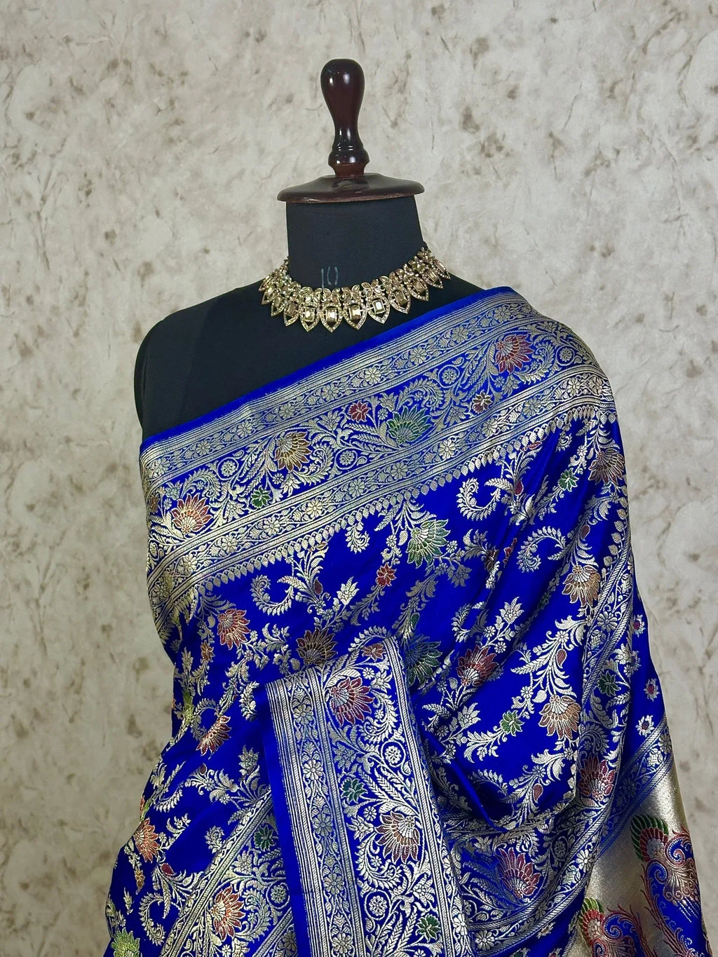 Royal Blue Satin Silk Banarasi Saree with Meenakari Floral Jaal and Rich Zari Border - Katan Banaras