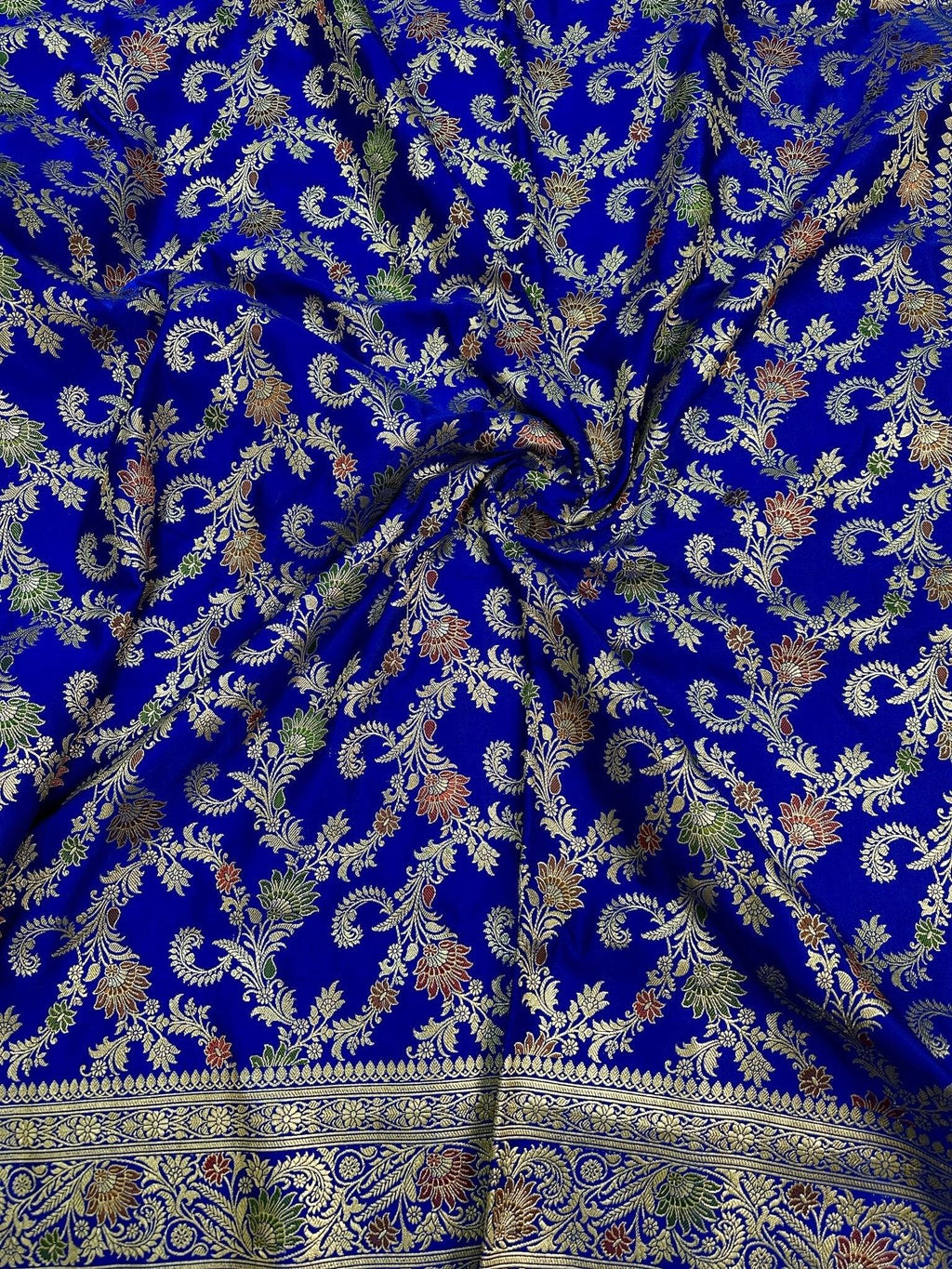 Royal Blue Satin Silk Banarasi Saree with Meenakari Floral Jaal and Rich Zari Border - Katan Banaras