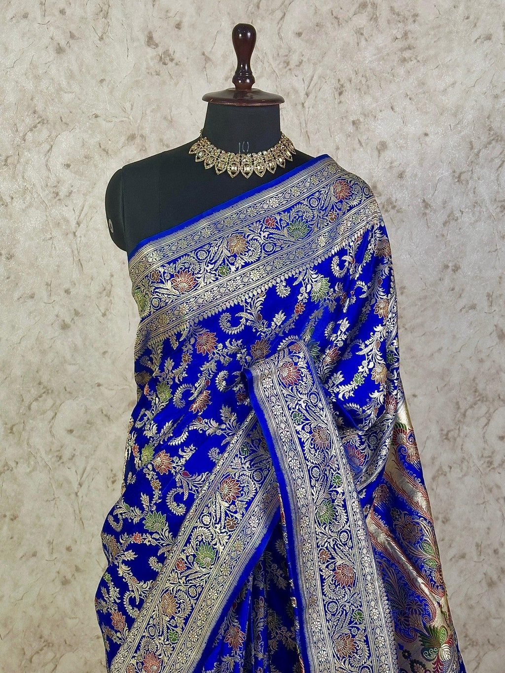 Royal Blue Satin Silk Banarasi Saree with Meenakari Floral Jaal and Rich Zari Border - Katan Banaras