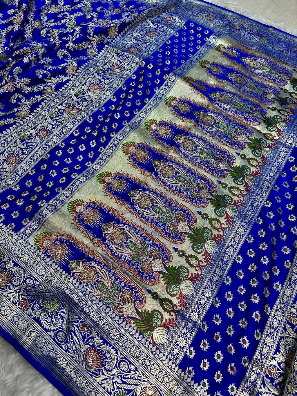 Royal Blue Satin Silk Banarasi Saree with Meenakari Floral Jaal and Rich Zari Border - Katan Banaras