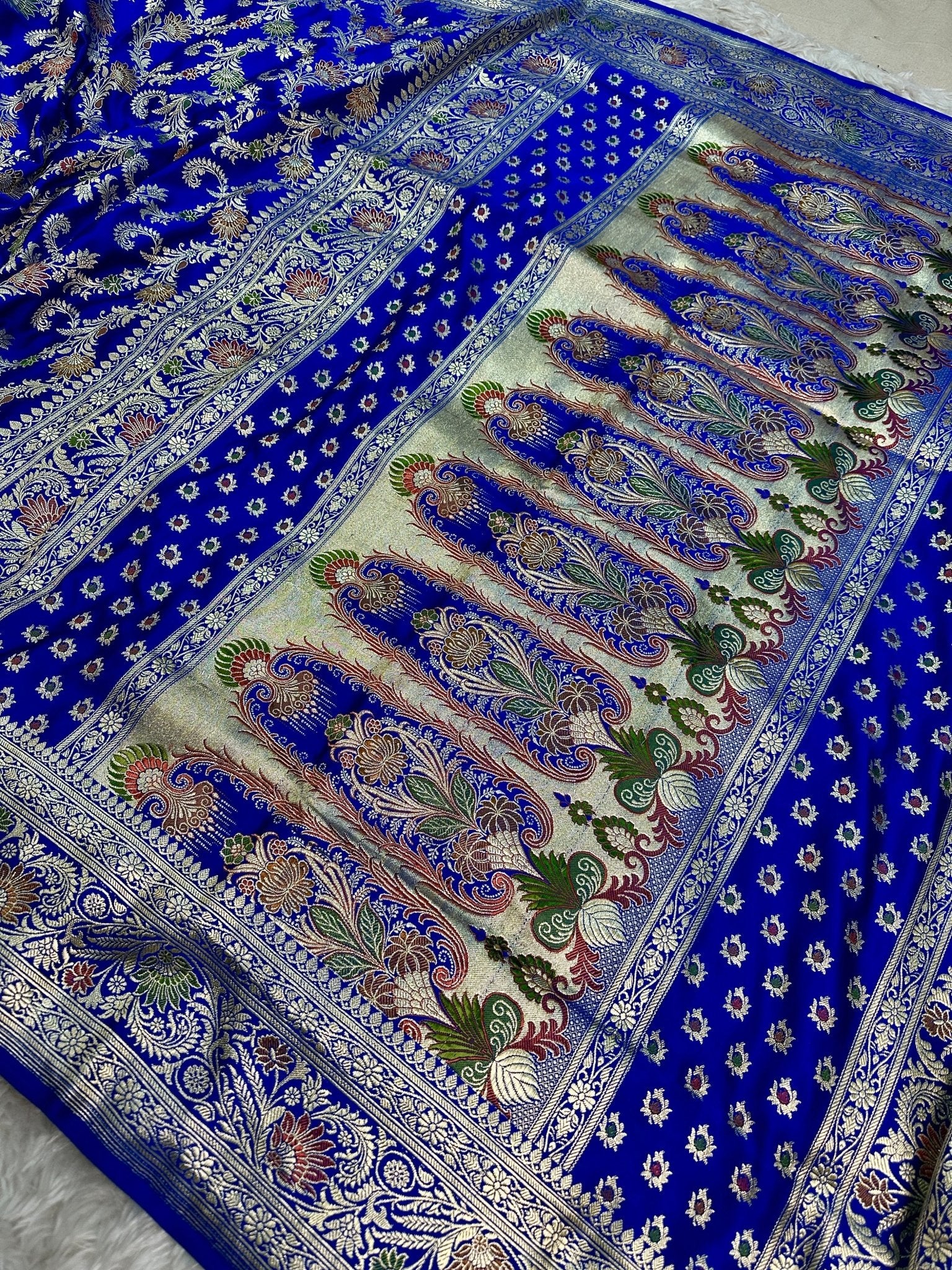 Royal Blue Satin Silk Banarasi Saree with Meenakari Floral Jaal and Rich Zari Border - Katan Banaras