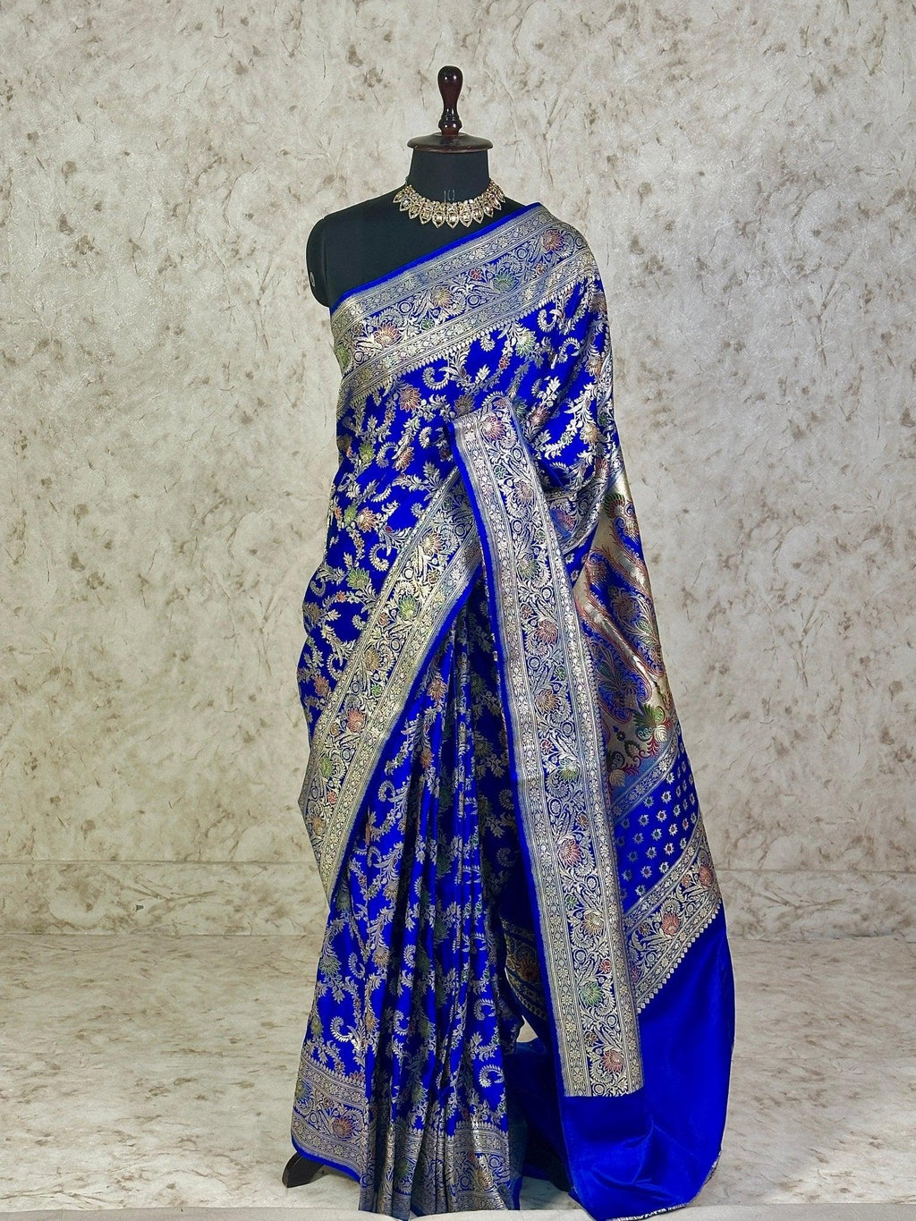 Royal Blue Satin Silk Banarasi Saree with Meenakari Floral Jaal and Rich Zari Border - Katan Banaras