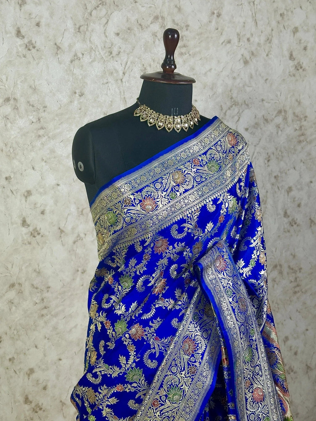 Royal Blue Satin Silk Banarasi Saree with Meenakari Floral Jaal and Rich Zari Border - Katan Banaras