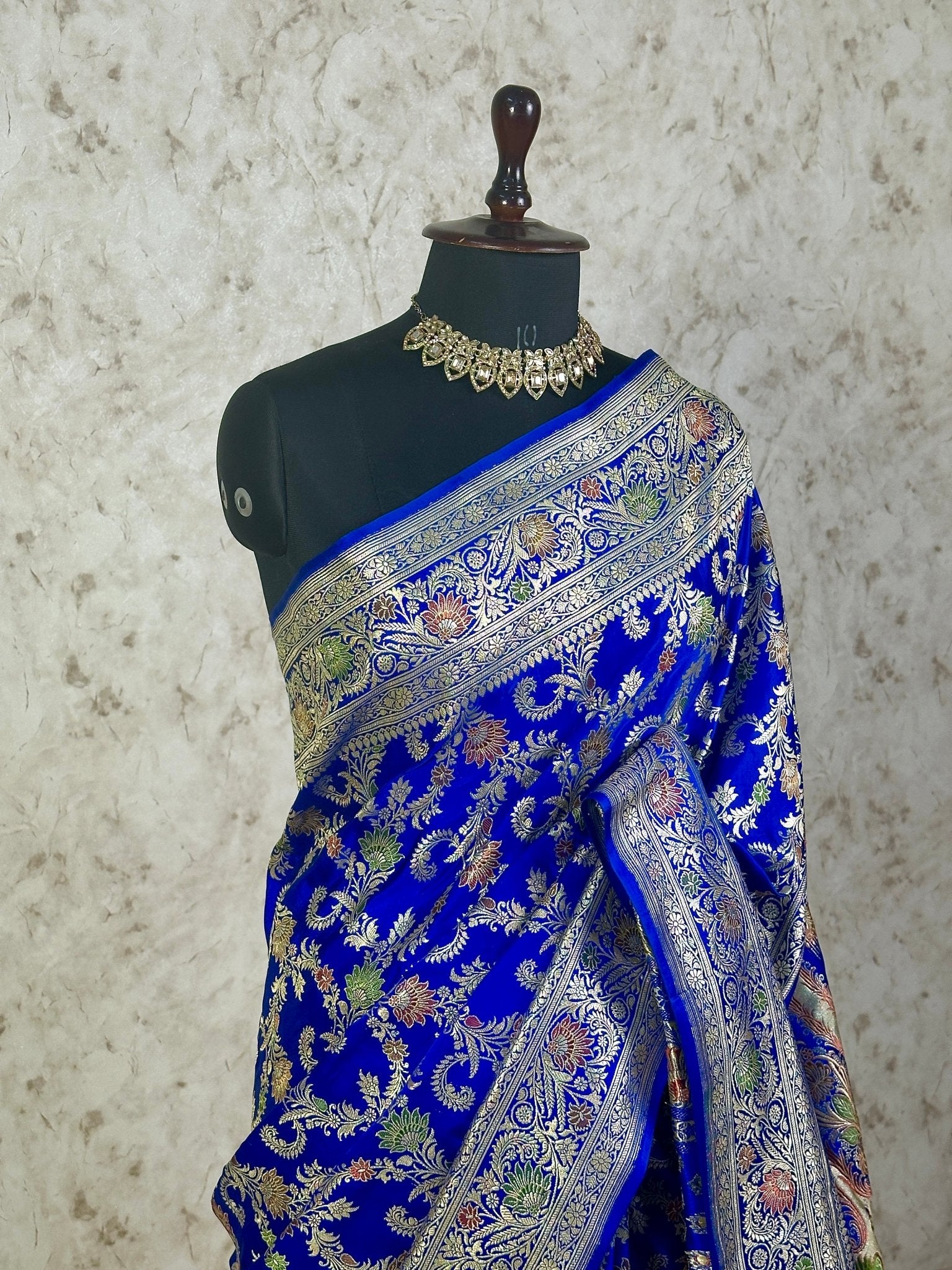 Royal Blue Satin Silk Banarasi Saree with Meenakari Floral Jaal and Rich Zari Border - Katan Banaras