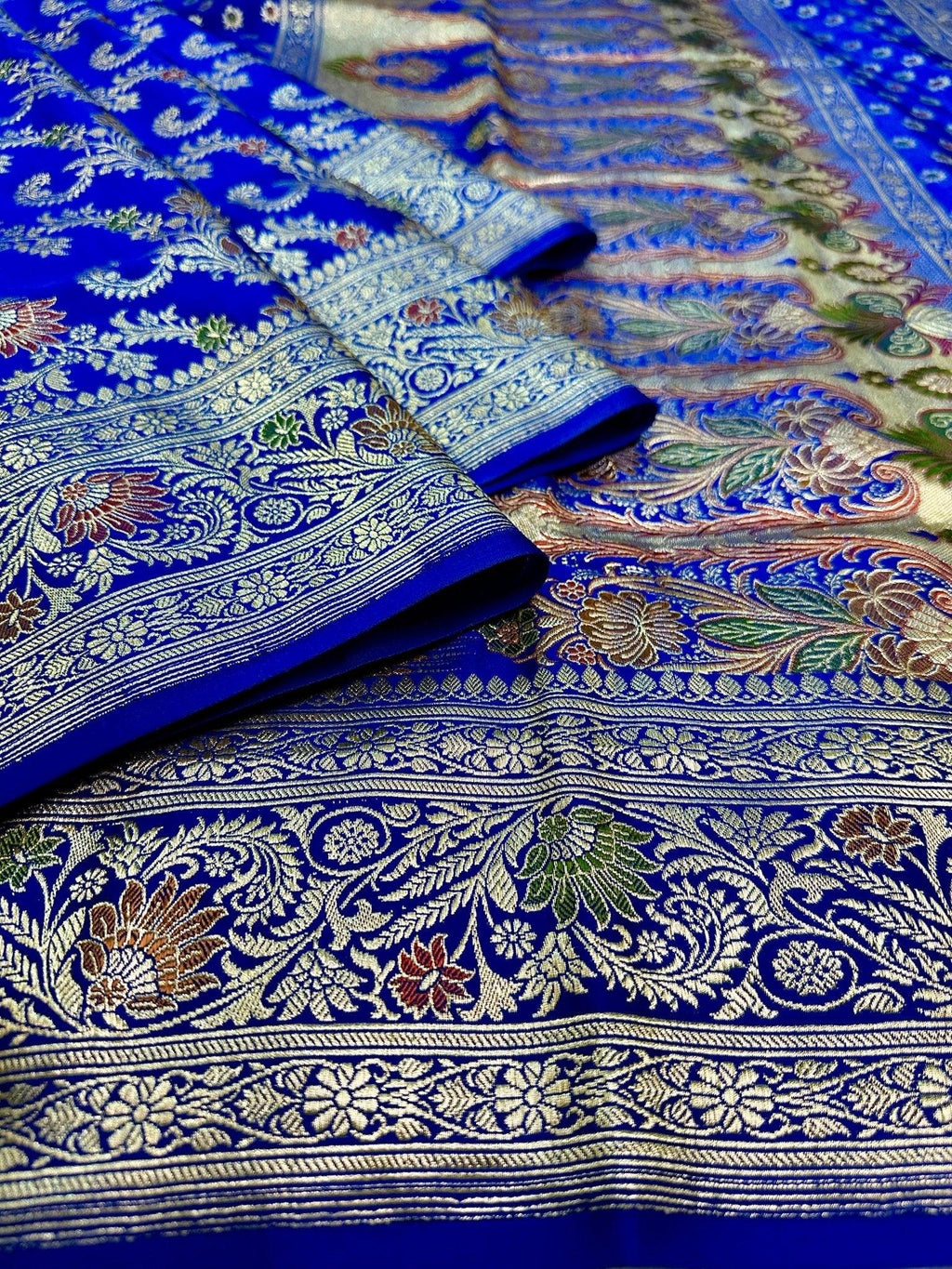 Royal Blue Satin Silk Banarasi Saree with Meenakari Floral Jaal and Rich Zari Border - Katan Banaras