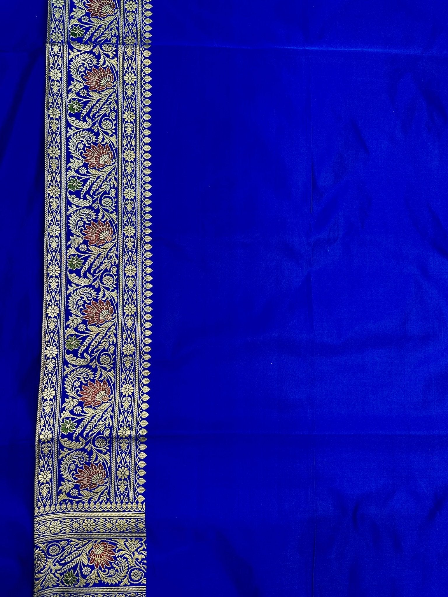Royal Blue Satin Silk Banarasi Saree with Meenakari Floral Jaal and Rich Zari Border - Katan Banaras