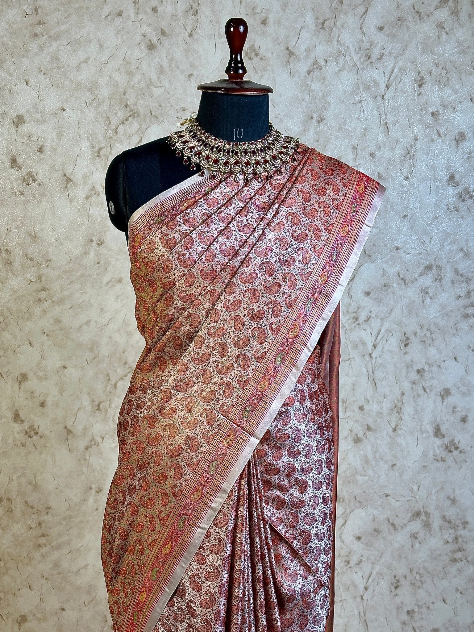 Rust Rose Pure Banarasi Handloom Jamawar Tanchui Kadhwa Interlocked Weaved Saree - Katan Banaras
