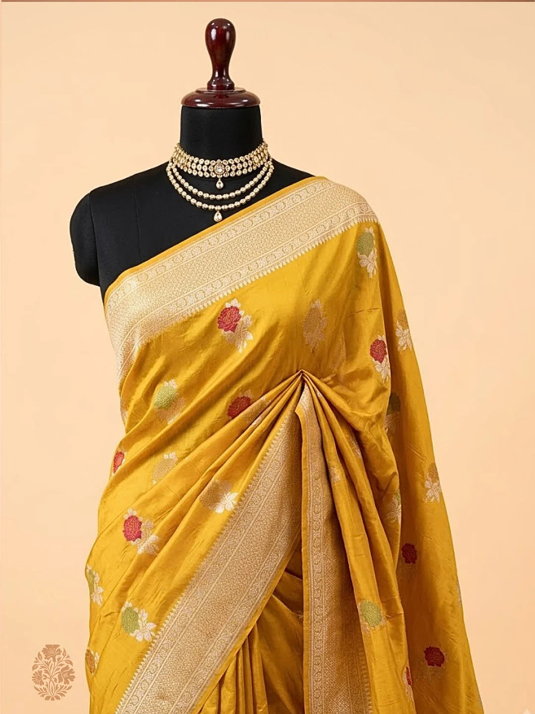 Pure Katan Silk Banarasi Saree | Mustard Yellow Multicolour Meenakari Floral Buti | Gold Zari Weave | KATAN BANARAS
