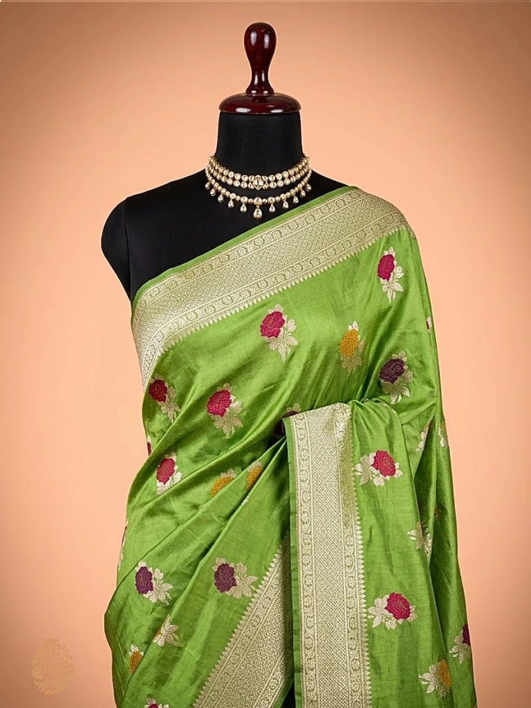 Pure Katan Silk Banarasi Saree | Parrot Green Multicolour Meenakari Floral Buti | Gold Zari Weave | KATAN BANARAS