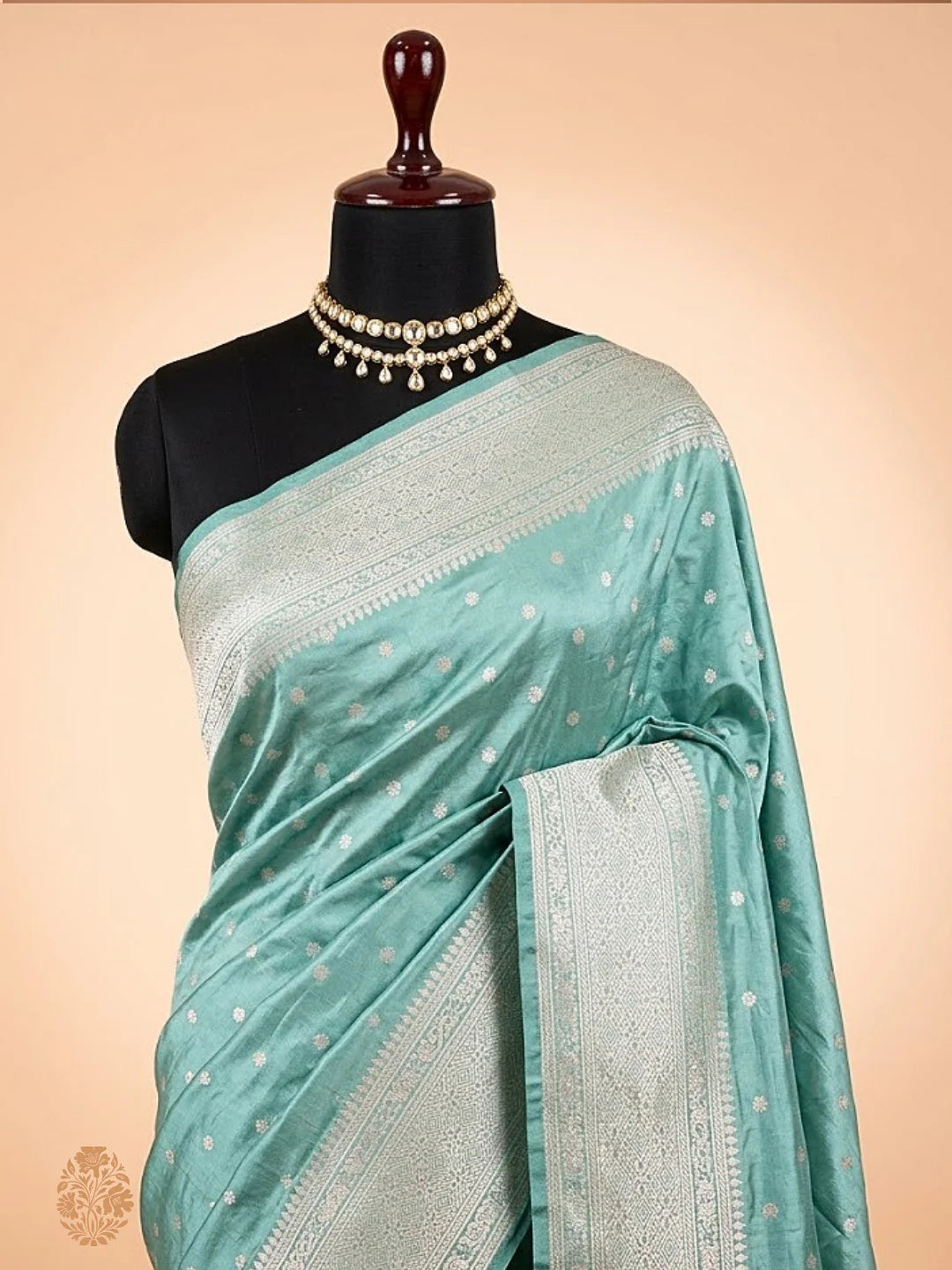 Pure Katan Silk Banarasi Saree | Mint Green Floral Buti | Silver Gold Zari Weave | KATAN BANARAS