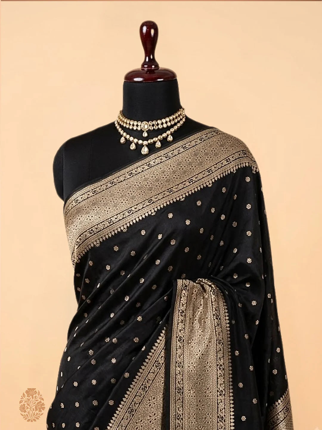 Pure Katan Silk Banarasi Saree | Jet Black Floral Buti | Antique Gold Zari Weave | KATAN BANARAS