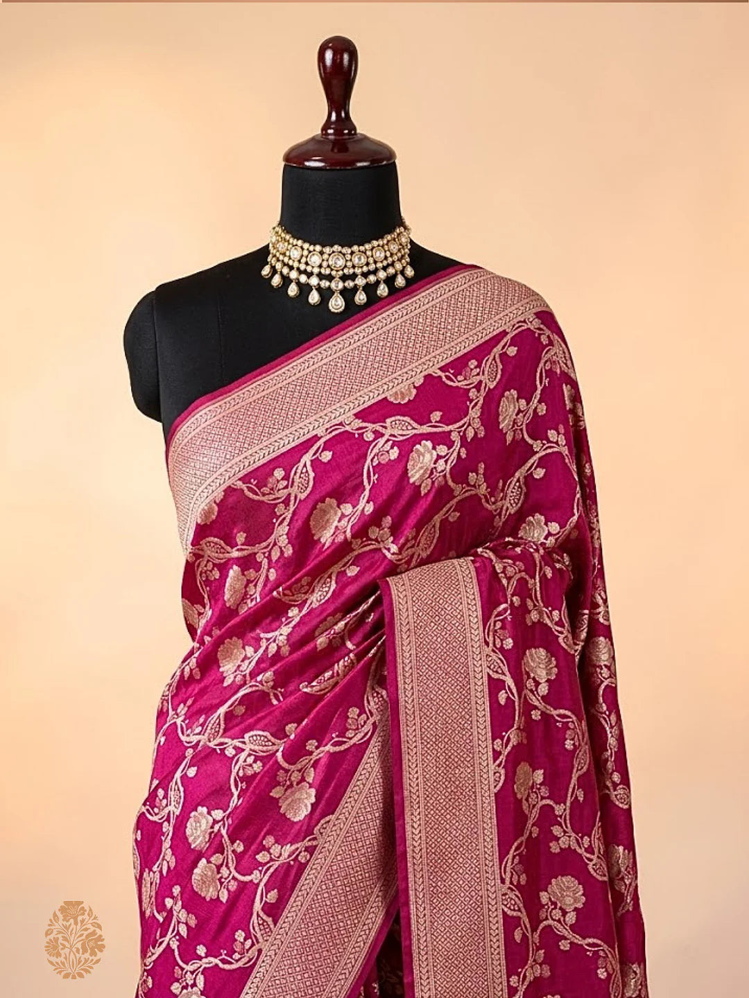 Pure Katan Silk Banarasi Saree | Magenta Jangla Rose Vine Jaal | Antique Gold Zari Weave | KATAN BANARAS