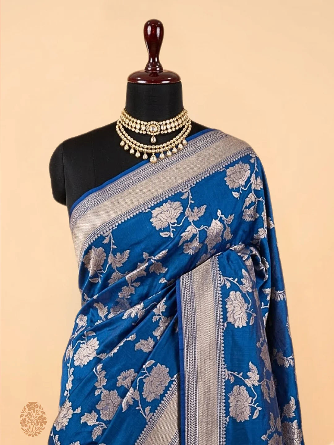 Pure Katan Silk Banarasi Saree | peacock Blue Jangla Chrysanthemum Vine Jaal | Antique Silver Zari Weave | KATAN BANARAS