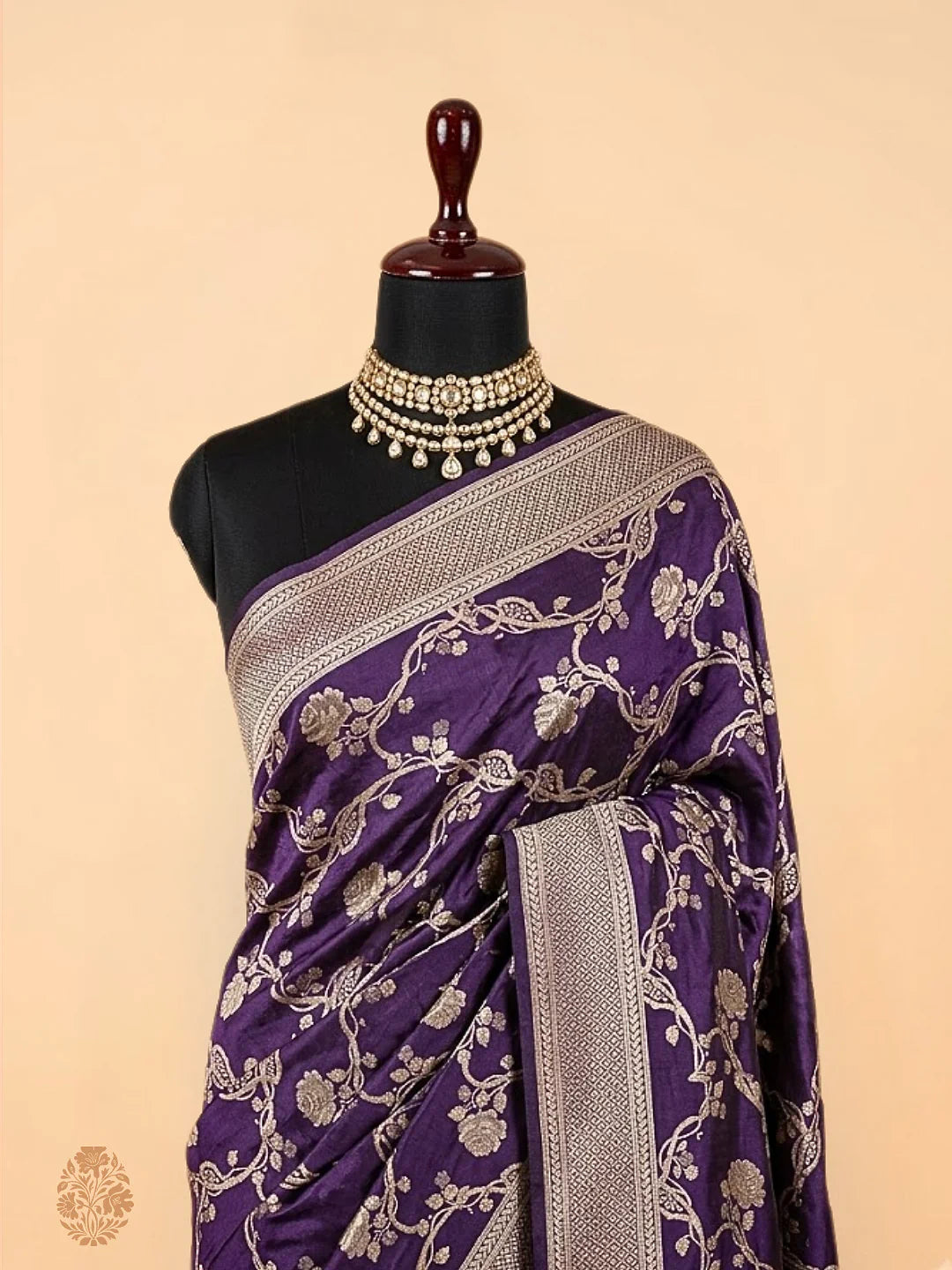 Pure Katan Silk Banarasi Saree | Royal Purple Jangla Rose Vine Jaal | Antique Silver Zari Weave | GI Tagged | Silk Mark Certified | KATAN BANARAS